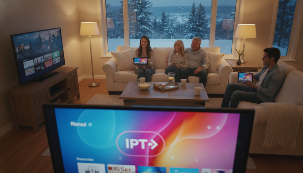 A cozy Canadian living room featuring a family of four enjoying their evening while streaming IPTV on multiple screens. In the foreground, we see a modern flat-screen TV displaying vibrant content, flanked by two additional smart tablets held by young adults. The middle layer includes a comfortable couch and a stylish coffee table with snacks and drinks, creating a warm ambiance. In the background, there’s a large window showcasing a snow-covered landscape, highlighting the Canadian winter. The lighting is soft and inviting, creating a relaxed atmosphere ideal for family bonding. Capture the scene with a wide-angle lens to emphasize the harmony of technology and home life, ensuring a cozy, familiar vibe without any people appearing distracted or overwhelmed.