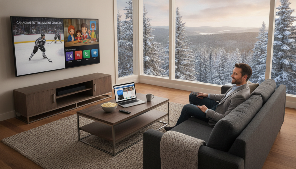 A cozy living room setting in a modern Canadian home, featuring a sleek flat-screen TV displaying vibrant IPTV content. In the foreground, a professional adult wearing business casual attire sits comfortably on a stylish couch, engaged with the screen. The middle ground includes a coffee table with a remote control, snacks, and a laptop illustrating different screen use cases, such as streaming sports and family movies. In the background, large windows allow natural light to illuminate the space, showcasing scenic views of a snowy Canadian landscape. The atmosphere is warm and inviting, promoting a sense of togetherness and enjoyment. The camera angle is slightly elevated, focusing on the interaction between the user and the IPTV setup, highlighting the importance of making informed choices for household screen use in Canada.
