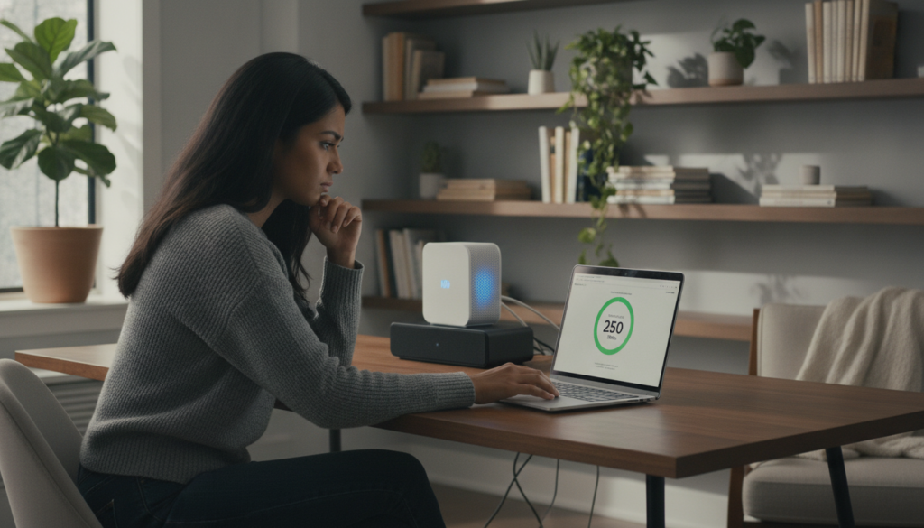 A modern home office setting depicting a young Canadian professional testing internet speed for IPTV. In the foreground, focus on a laptop displaying a speed test interface with clear metrics visible. The individual, a South Asian woman in smart casual attire, is intently observing the screen, with a thoughtful expression. In the middle background, there’s a stylish desk with a router and various smart devices, hinting at a multimedia environment. Soft, natural light filters through a window, creating a warm and inviting atmosphere. The background features a bookshelf with tech-related books and plants, enhancing the cozy feel of a productive workspace.