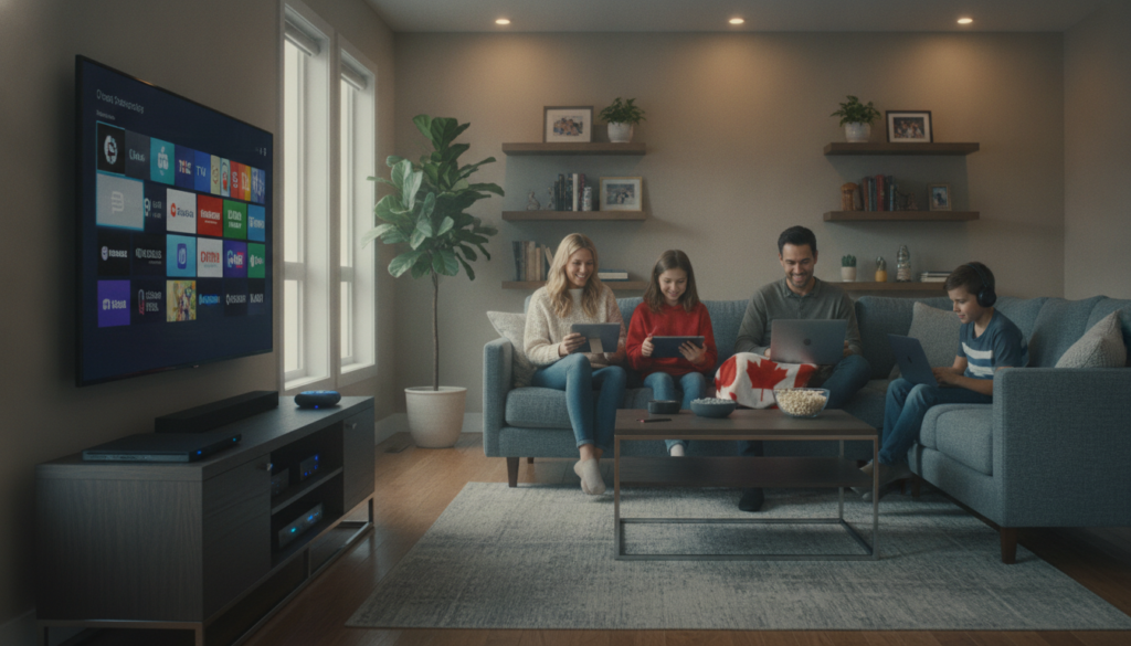 A modern living room featuring various IPTV devices prominently displayed. In the foreground, there’s a sleek media console with multiple black and silver set-top boxes, streaming devices, and a flat-screen TV showing a user-friendly interface. In the middle, a family of four (two adults and two children) are engaged in watching different shows, each on their own devices—laptops and tablets—while seated comfortably on a stylish couch. The background showcases a cozy ambiance with warm lighting, potted plants, and a shelf with tech books, creating an inviting atmosphere. The overall scene reflects an enjoyable family viewing experience highlighting the concept of multiple simultaneous screens in a Canadian household. Focus on realism with soft shadows and a slight depth of field to enhance the warmth and relatability of the environment.
