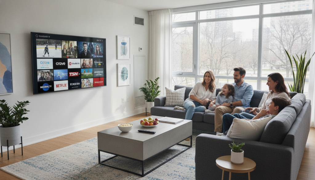 A modern living room setting featuring a large flat-screen television displaying various IPTV services available in Canada. In the foreground, a sleek coffee table is adorned with a remote control and snacks. In the middle, a family of four is seated comfortably on a stylish sofa, dressed in smart casual attire, engaged in watching their favorite shows together, representing simultaneous streaming. The background shows a cozy, well-lit room with large windows letting in natural light, enhancing the warm atmosphere. Soft shadows create depth, and a wide-angle view captures the engaging scene. Overall, the image conveys a sense of family connection and contemporary enjoyment of entertainment technology.