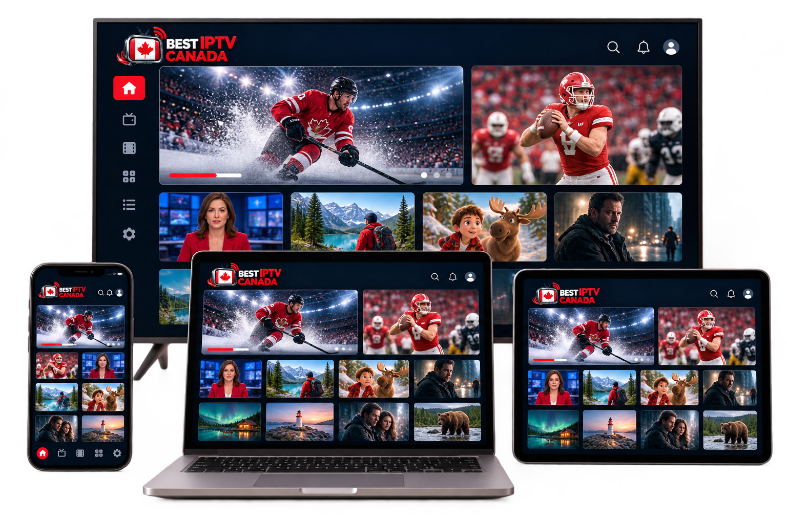 IPTV Canada interface displayed on a Smart TV, laptop, tablet and smartphone